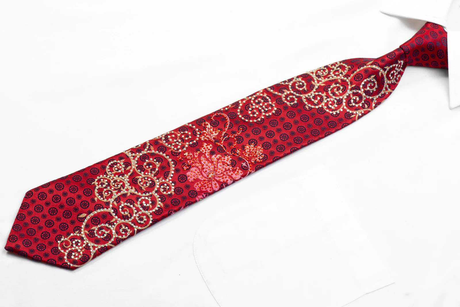 Remizio Rhinestone Silk Necktie Scrolls On Burgundy - Image 4