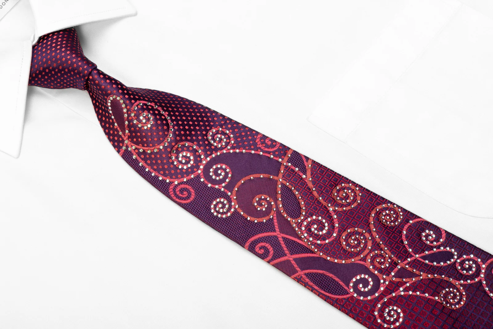 Remizio Rhinestone Silk Necktie Scrolls On Purple With Red Sparkles - Image 2