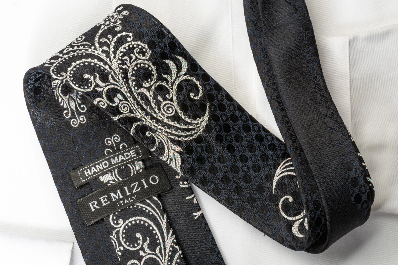 Remizio Rhinestone Silk Necktie Silver Scrolls & Damask On Black - Image 2