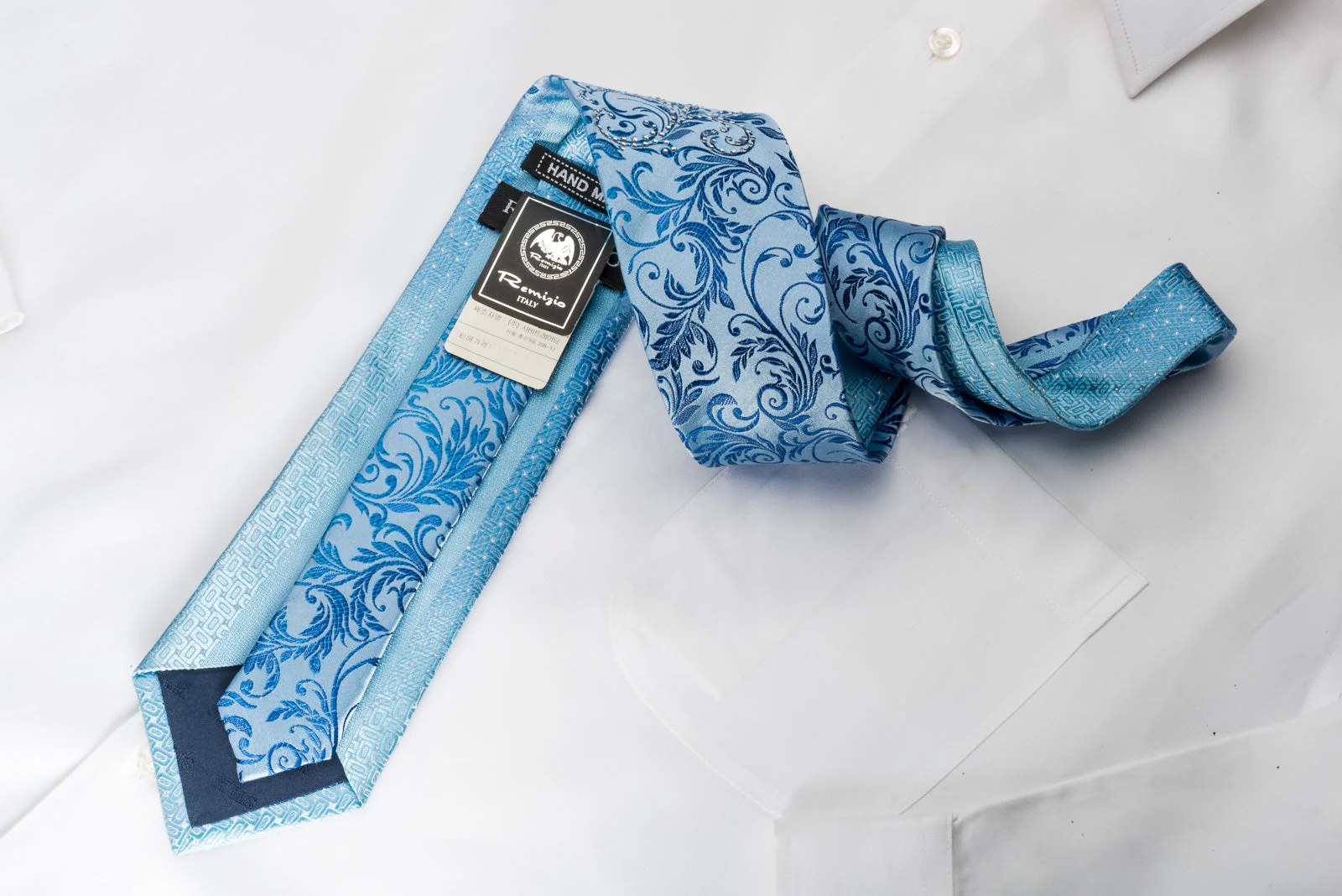 Remizio Rhinestone Silk Necktie Vines & Scrolls On Blue With Silver Sparkles - Image 4