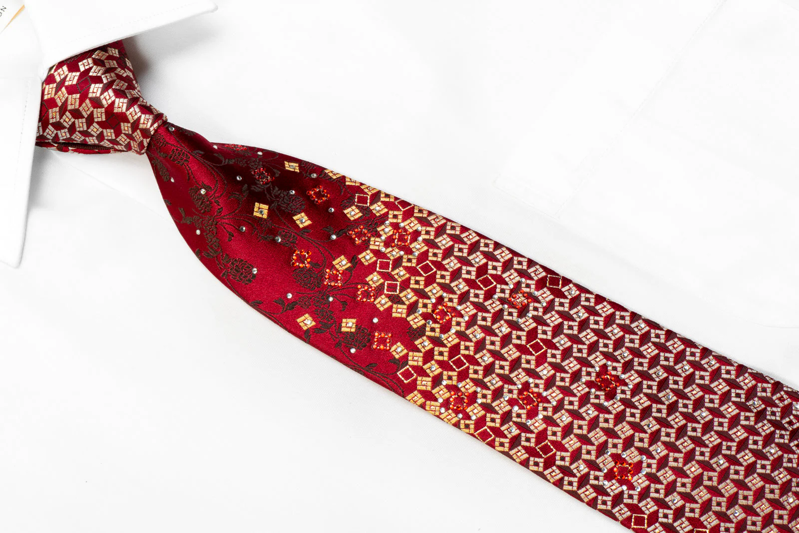 Remizio Rhinestone Silk Tie Golden Silver Geometric Squares On BUrgundy With Sparkles - Image 2