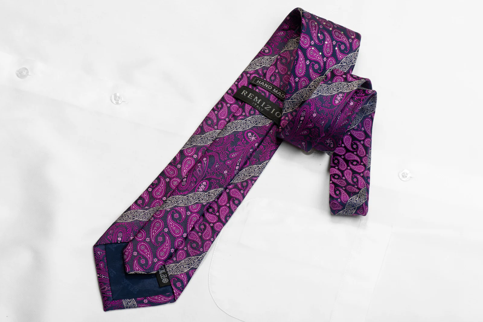 Remizio Rhinestone Silk Tie Purple Paisley On Navy - Image 4