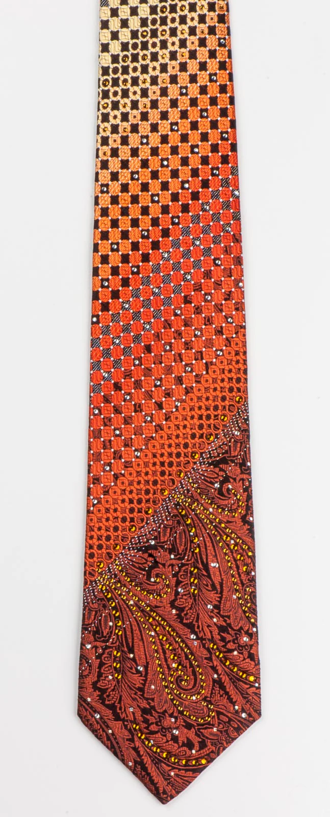 Remizio Silk Neck Tie Brown Paisley Orange Yellow Dots On Black With Rhinestones - Image 4
