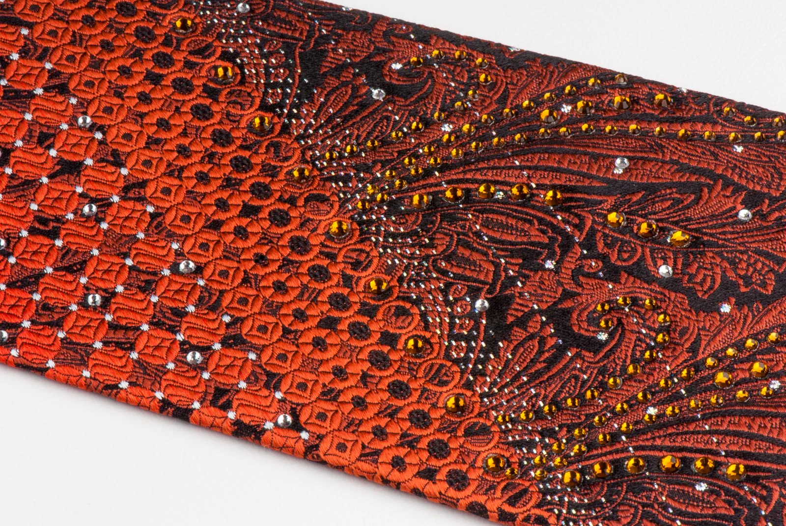 Remizio Silk Neck Tie Brown Paisley Orange Yellow Dots On Black With Rhinestones - Image 5