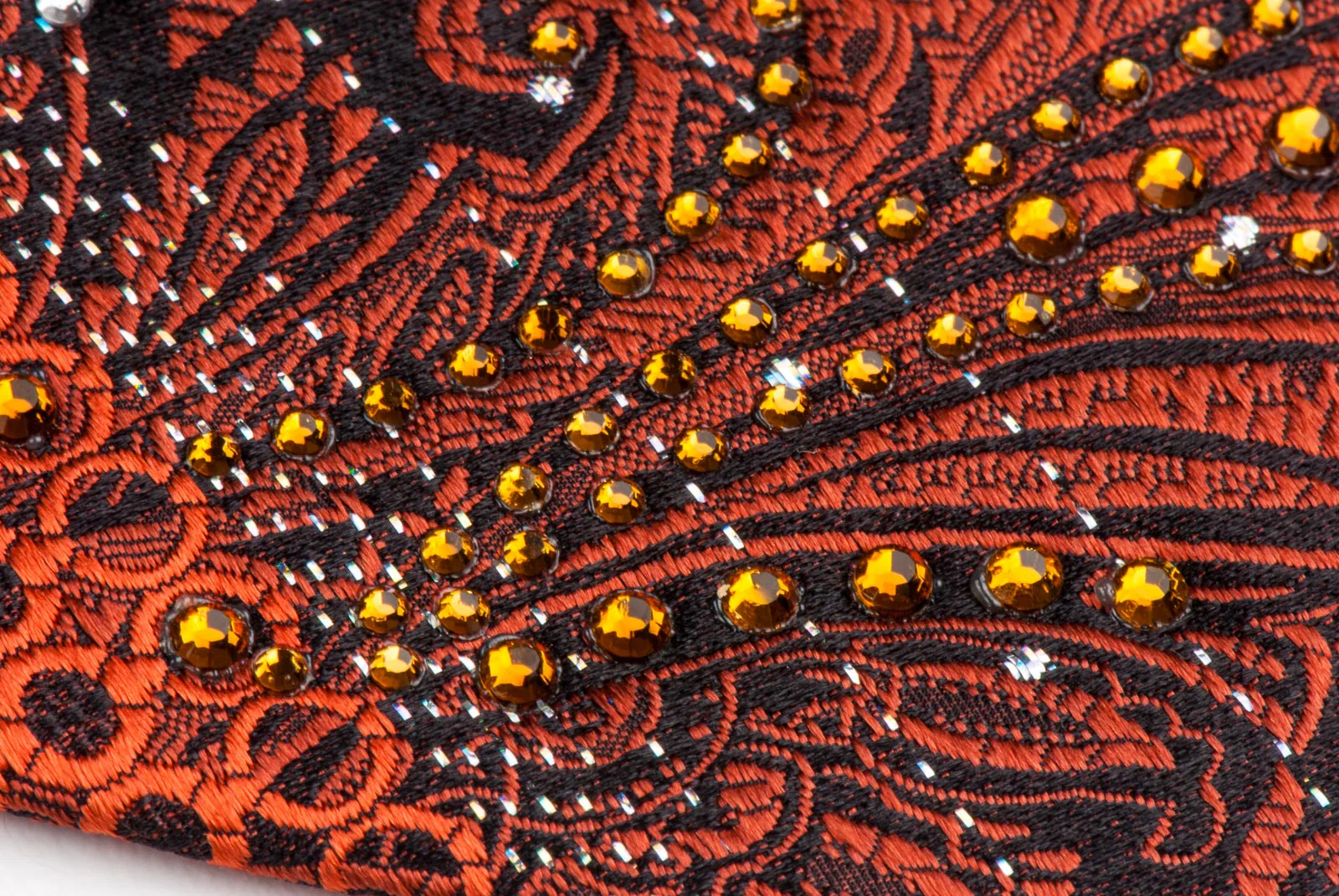 Remizio Silk Neck Tie Brown Paisley Orange Yellow Dots On Black With Rhinestones - Image 7