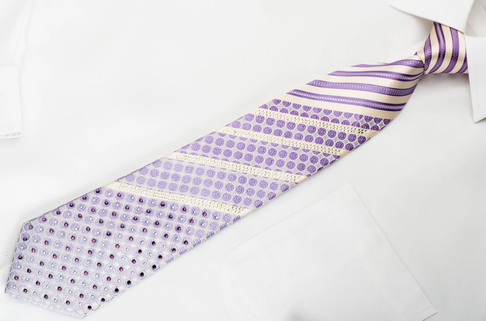 Remizio Silk Necktie Mauve Striped On White With Rhinestones - Image 2