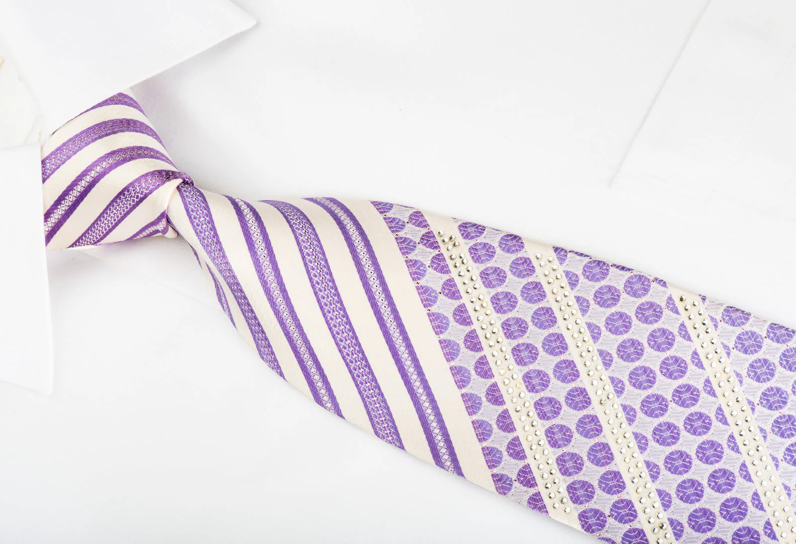 Remizio Silk Necktie Mauve Striped On White With Rhinestones - Image 4