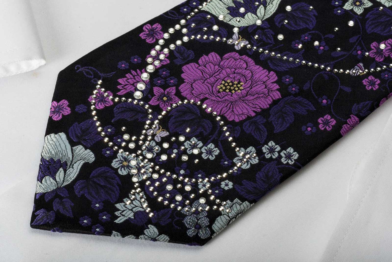 Remizio Silk Rhinestone Necktie Floral Butterflies On Black With Silver Sparkles - Image 3