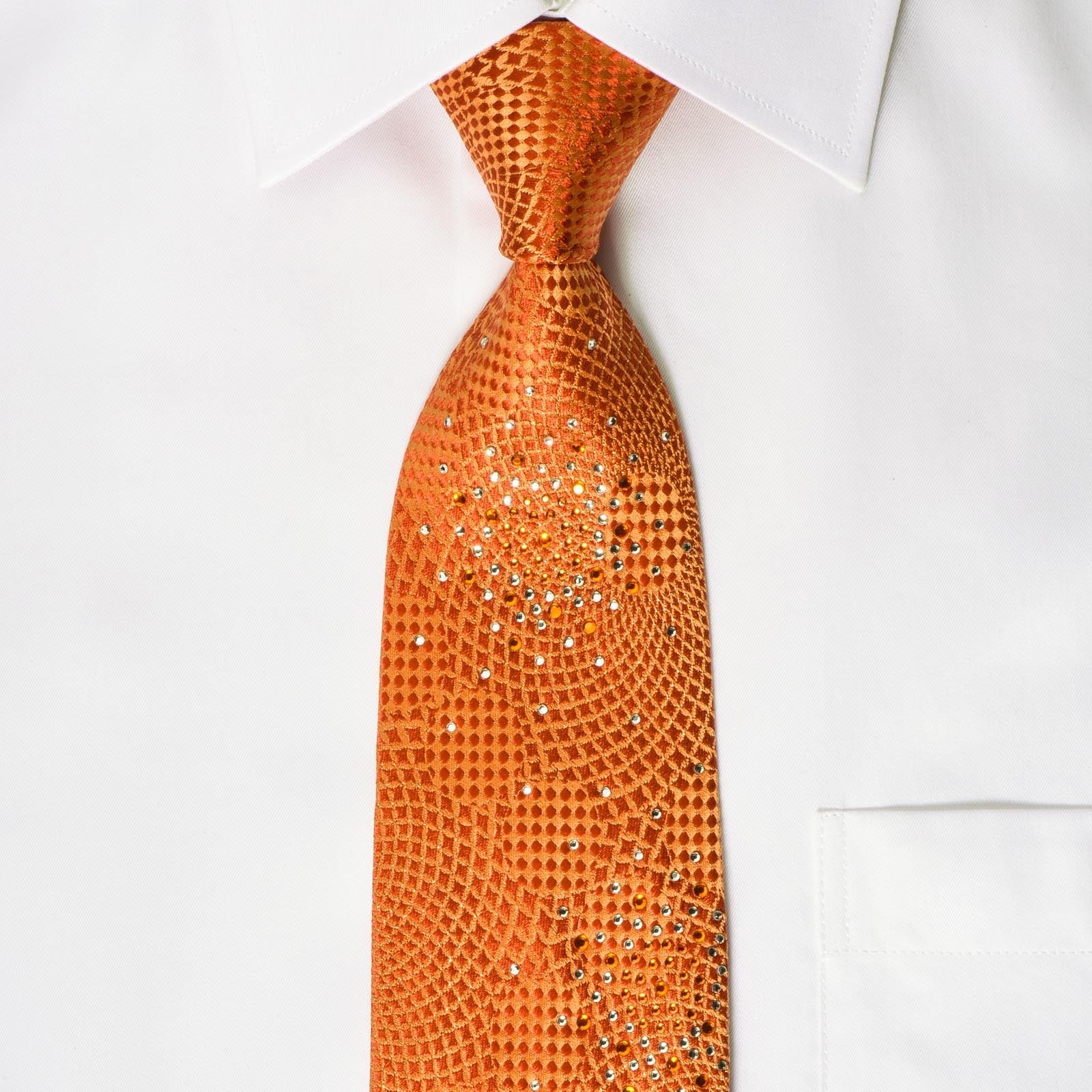 Remizio Silk Rhinestone Necktie Orange Geometric Design With Silver Sparkles - Image 3