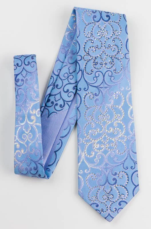 Remizio Silk Rhinestone Silk Tie Silver Scrolls On Blue Necktie With Silver Sparkles - Image 2