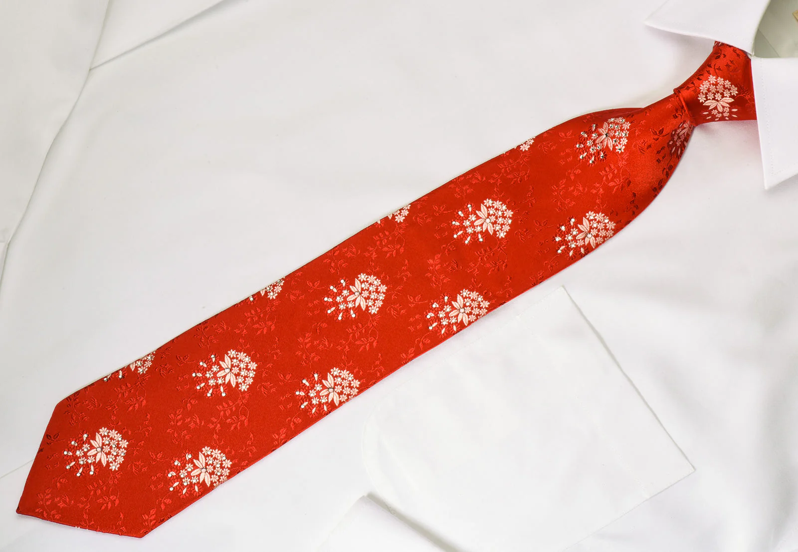 Renoir Rhinestone Silk Necktie Floral On Red With Sparkles - Image 4