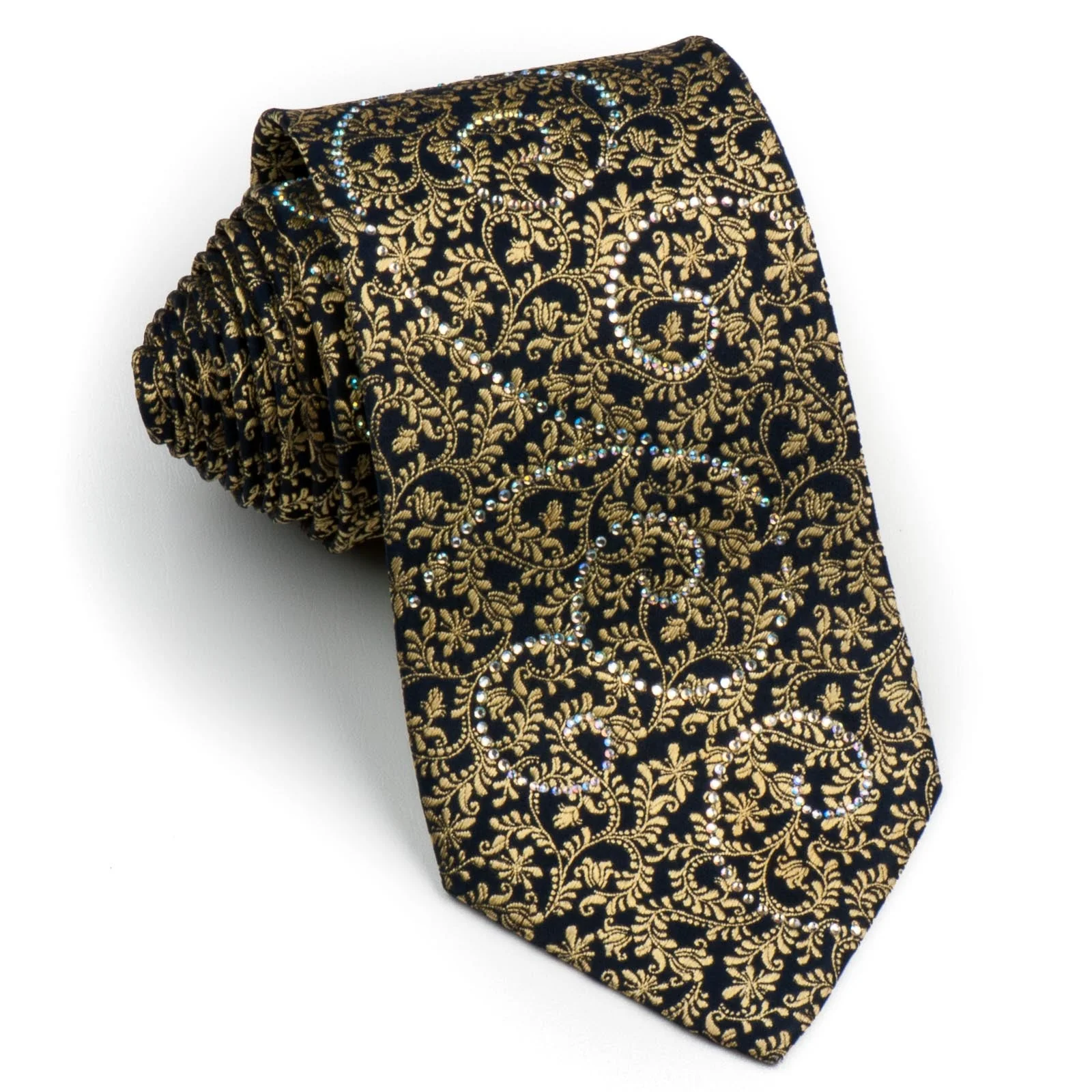 Renoma Silk Neck Tie Golden Vines On Black With Sparkles & Rhinestones