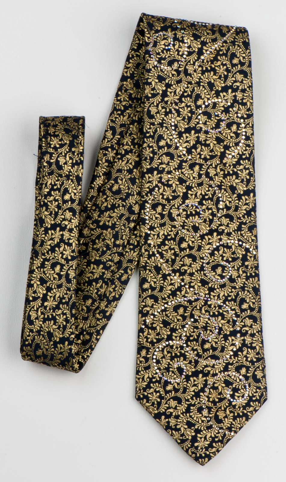 Renoma Silk Neck Tie Golden Vines On Black With Sparkles & Rhinestones - Image 2