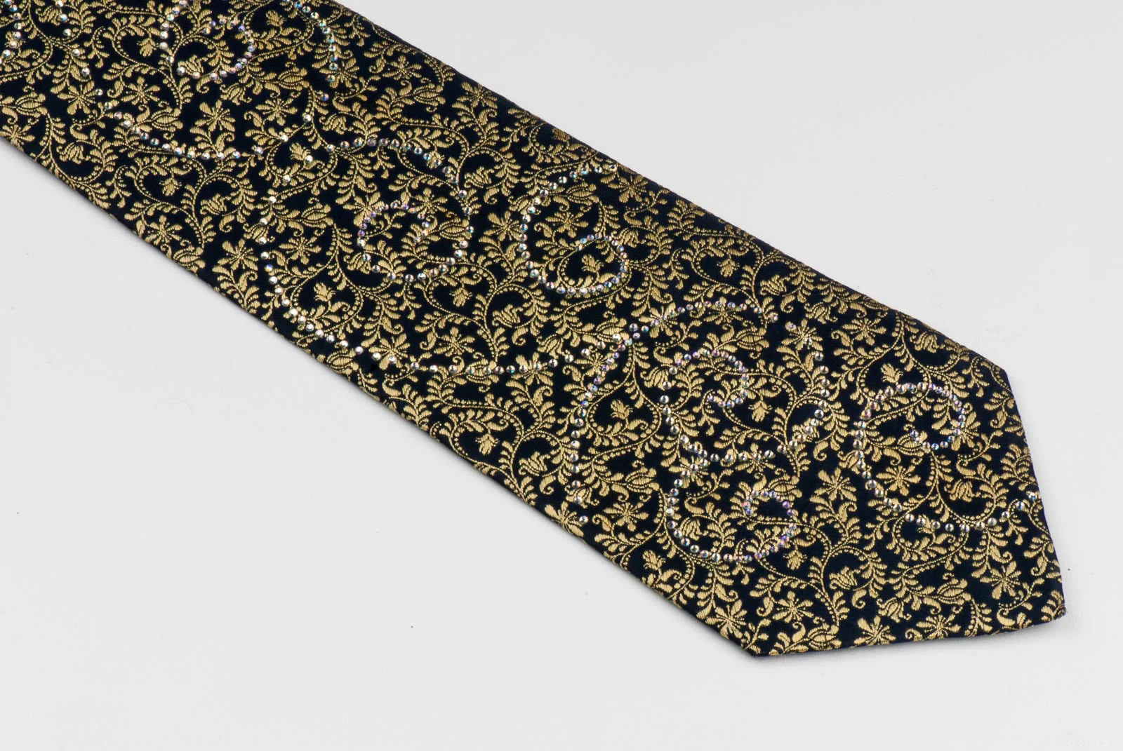 Renoma Silk Neck Tie Golden Vines On Black With Sparkles & Rhinestones - Image 4