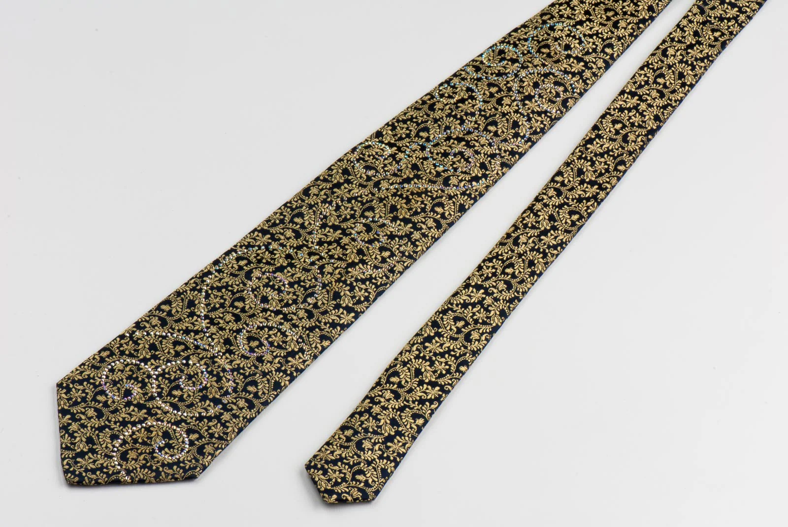 Renoma Silk Neck Tie Golden Vines On Black With Sparkles & Rhinestones - Image 6