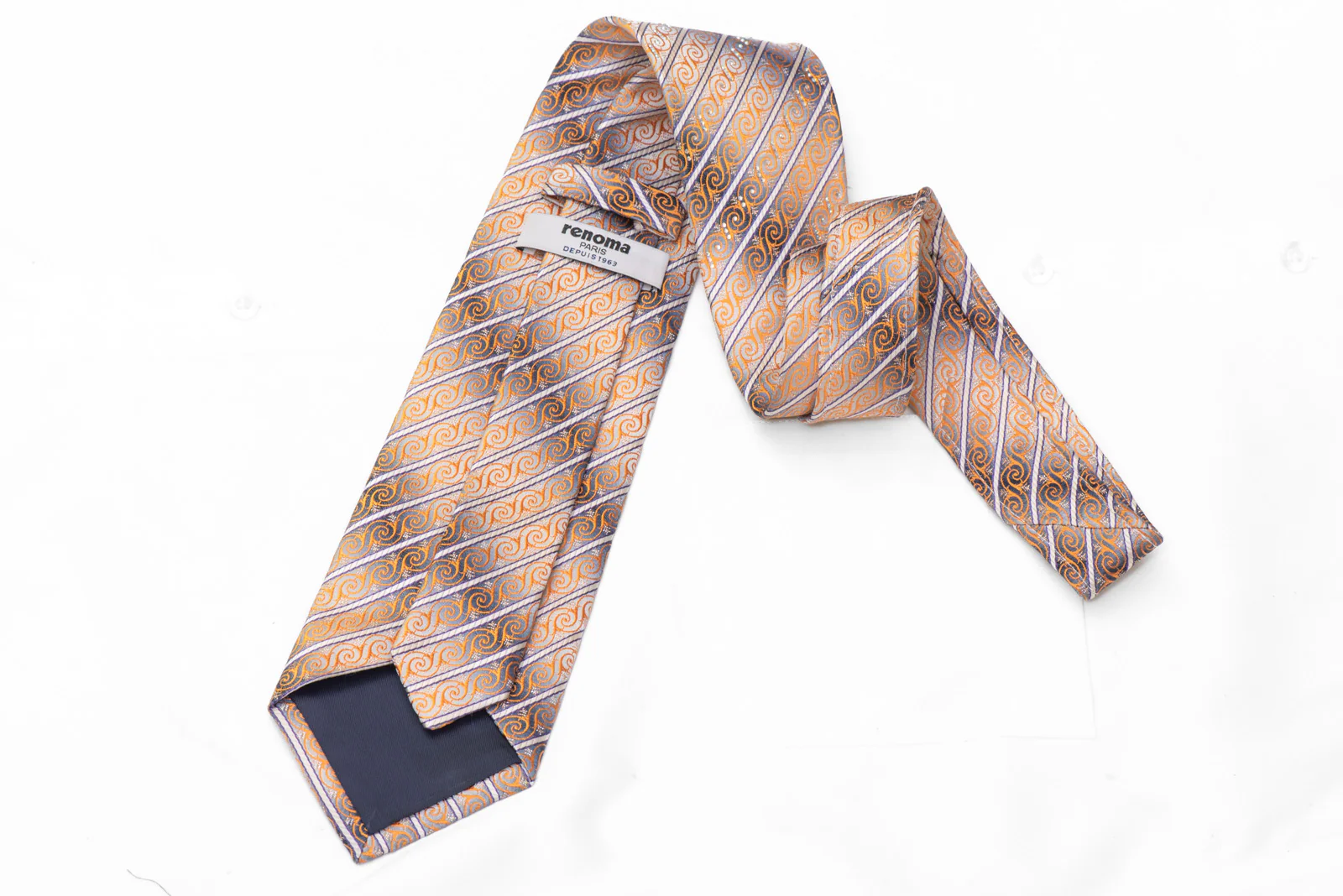 Orange Cartouche Scrolls & Striped On Silver Rhinestone Silk Necktie With Sparkles - Image 4