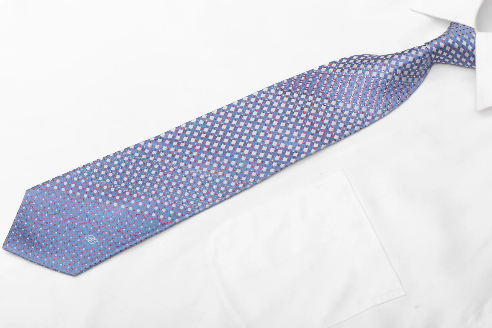 Blue Silver Geometric Rhinestone Silk Necktie With Red Sparkles - Image 2