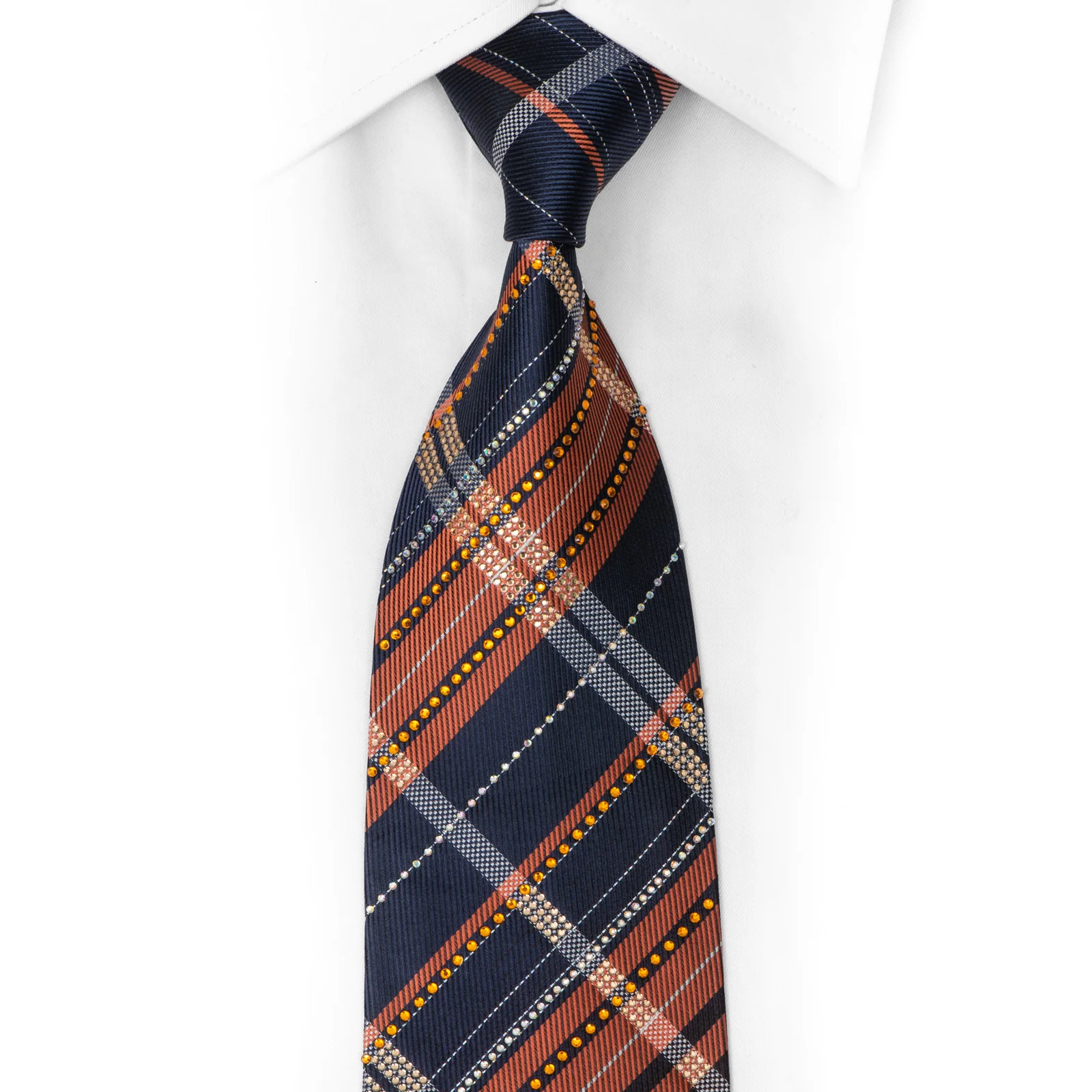 Orange Blue Silver Plaid Rhinestone Silk Necktie With Silver Sparkles