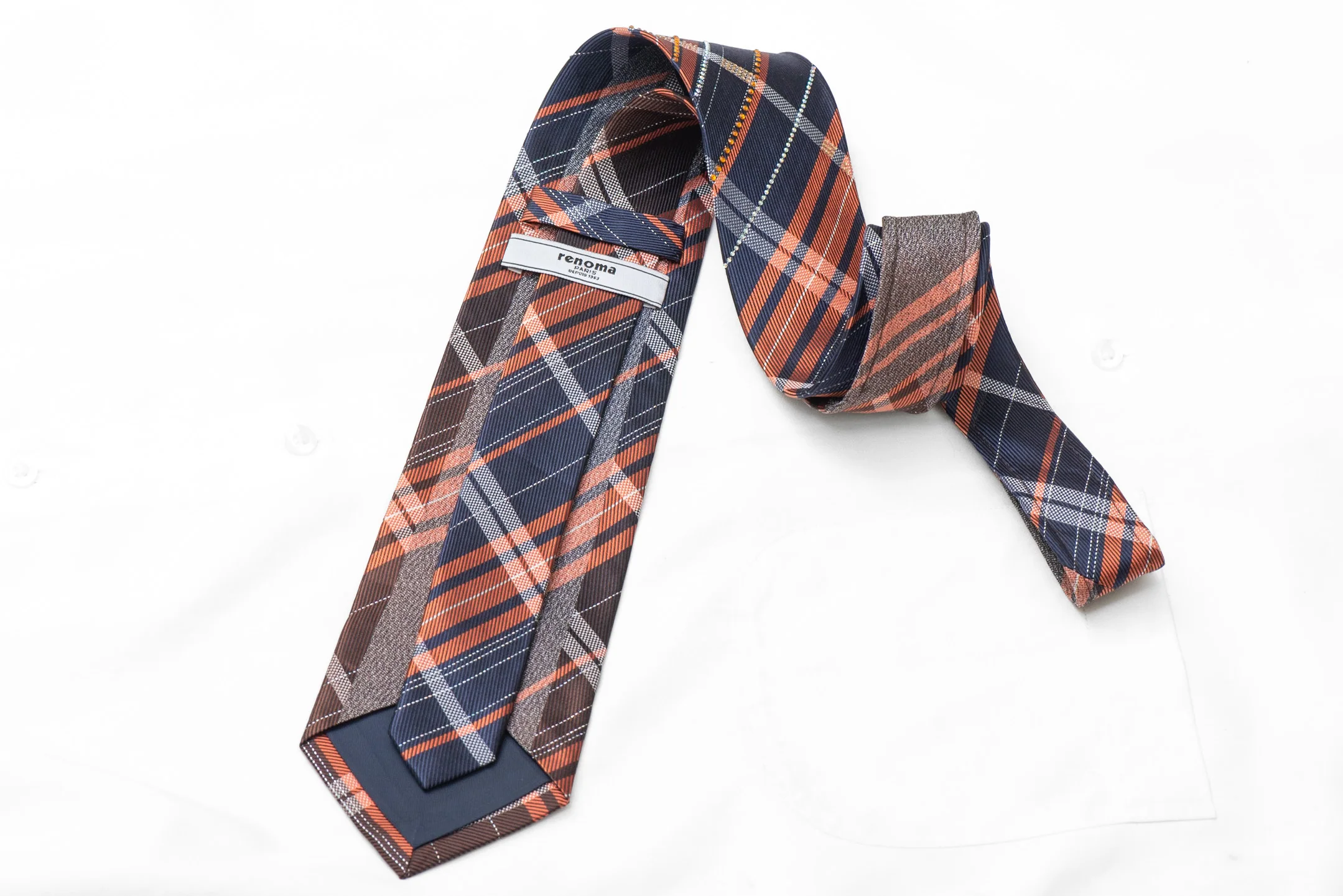 Orange Blue Silver Plaid Rhinestone Silk Necktie With Silver Sparkles - Image 2