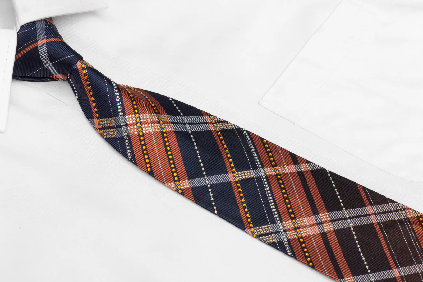 Orange Blue Silver Plaid Rhinestone Silk Necktie With Silver Sparkles - Image 3