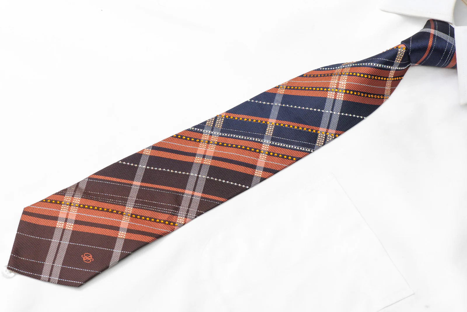 Orange Blue Silver Plaid Rhinestone Silk Necktie With Silver Sparkles - Image 4