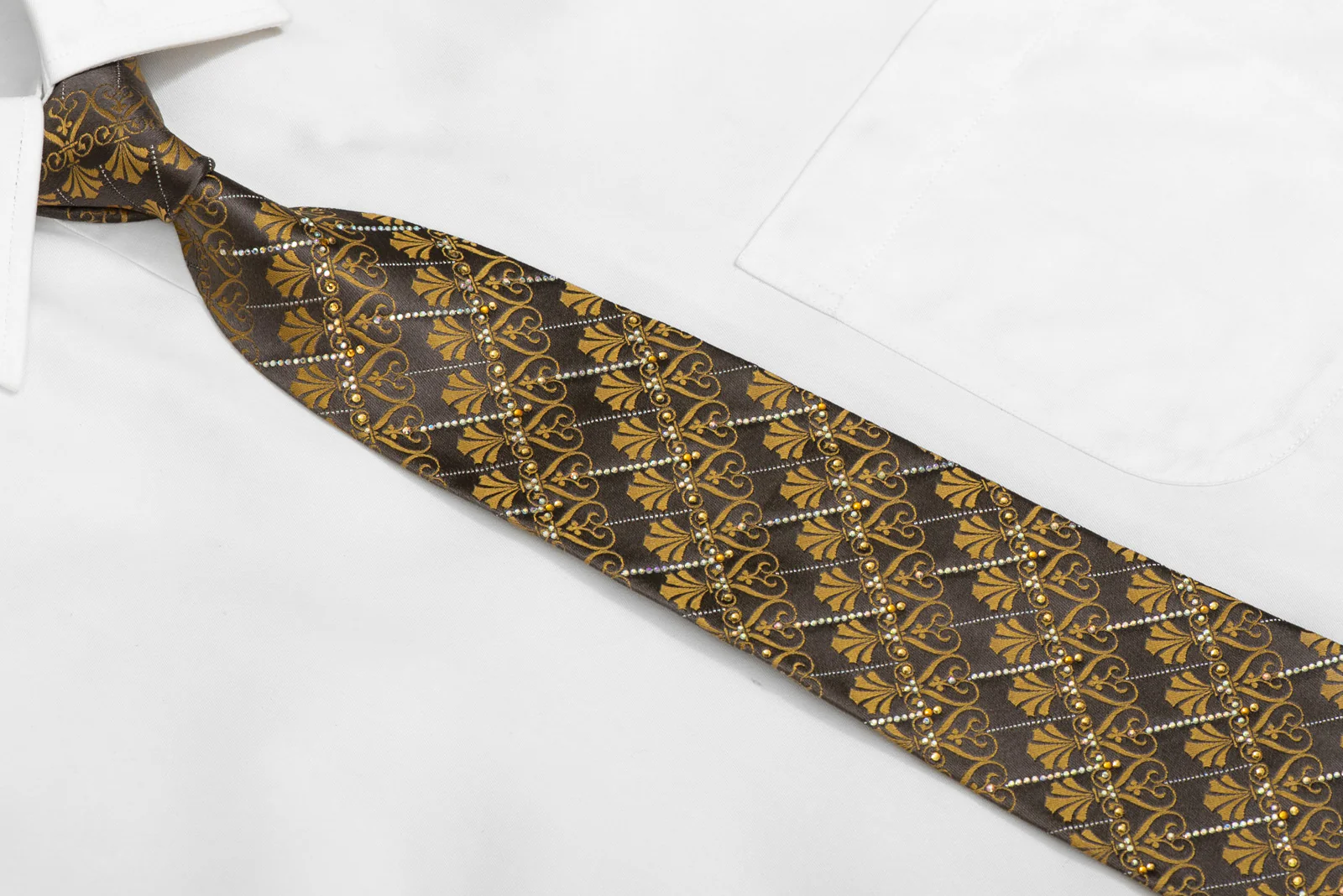 Gold Anthemion On Brown Rhinestone Silk Necktie With Silver Sparkles - Image 2