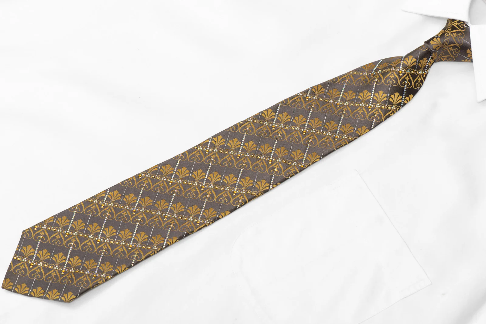 Gold Anthemion On Brown Rhinestone Silk Necktie With Silver Sparkles - Image 3