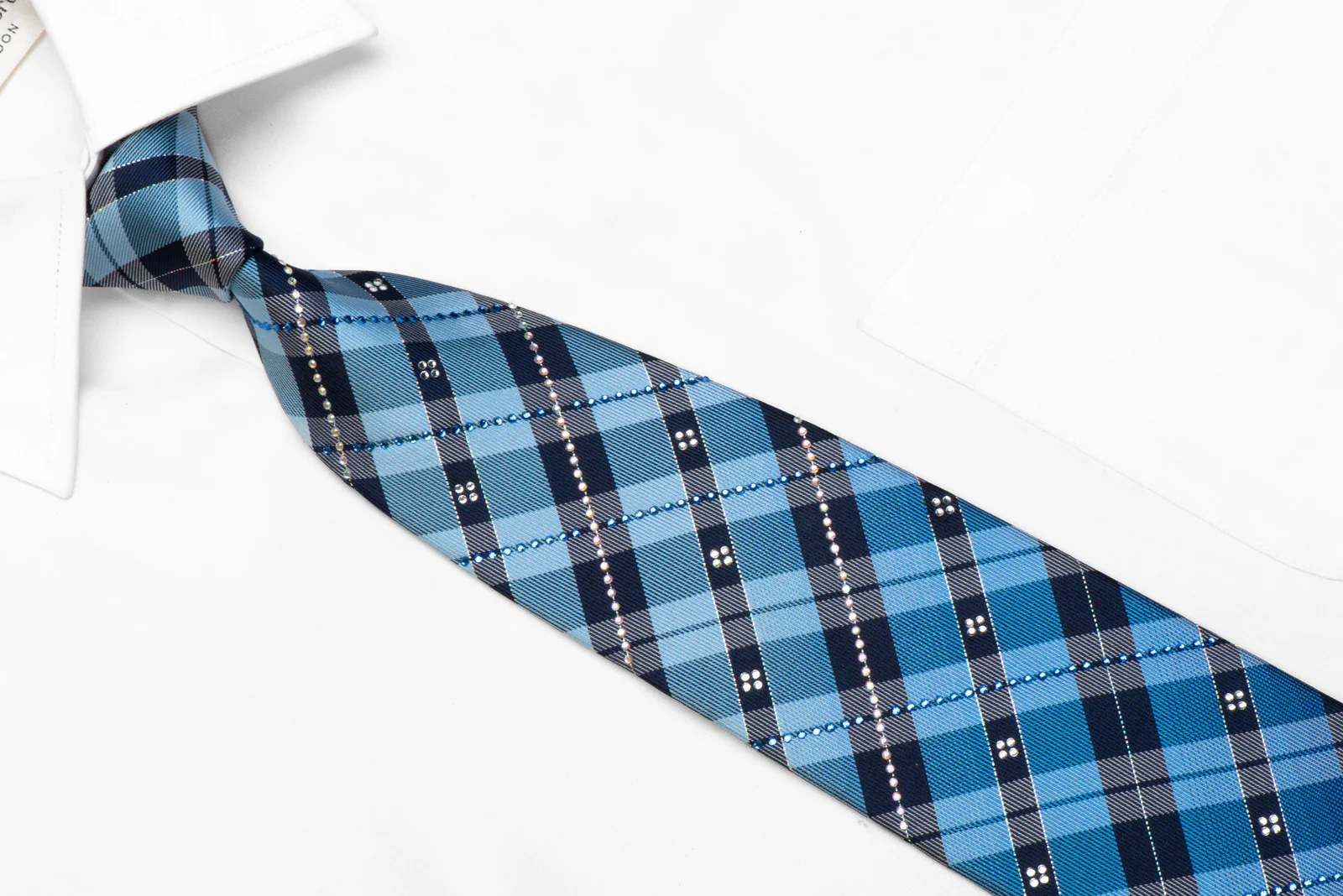 Renoma Blue Plaid Rhinestone Silk Tie With Silver Sparkles - Image 2