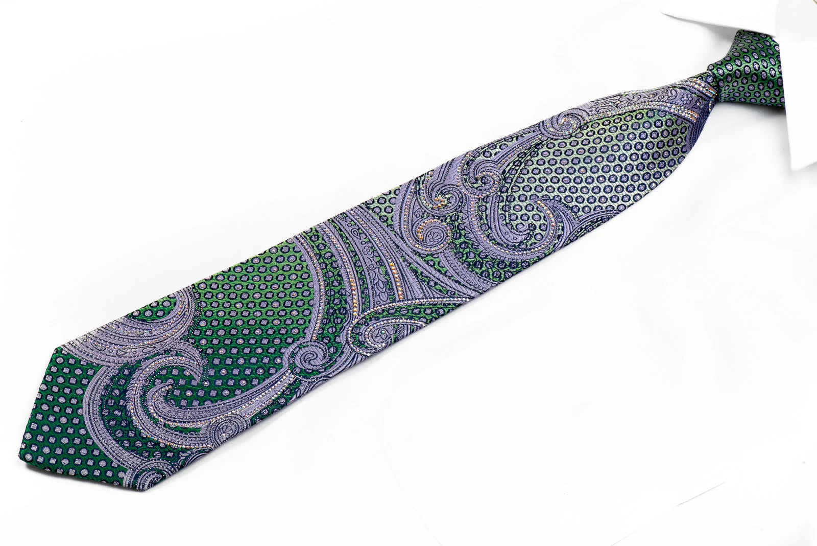 Renoma Crystal Rhinestone Necktie Mauve Paisley On Green Silk With Sparkles - Image 3