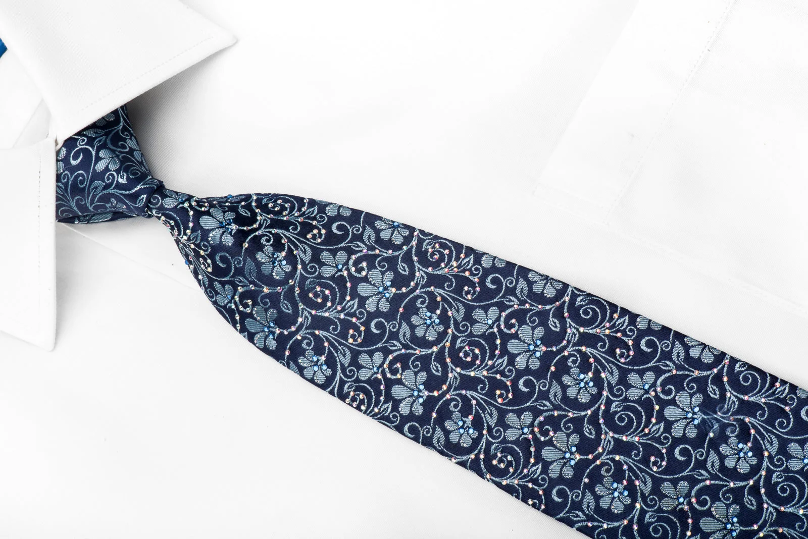 Renoma Men's Crystal Necktie Floral On Blue Silk With Silver Sparkles - Image 2