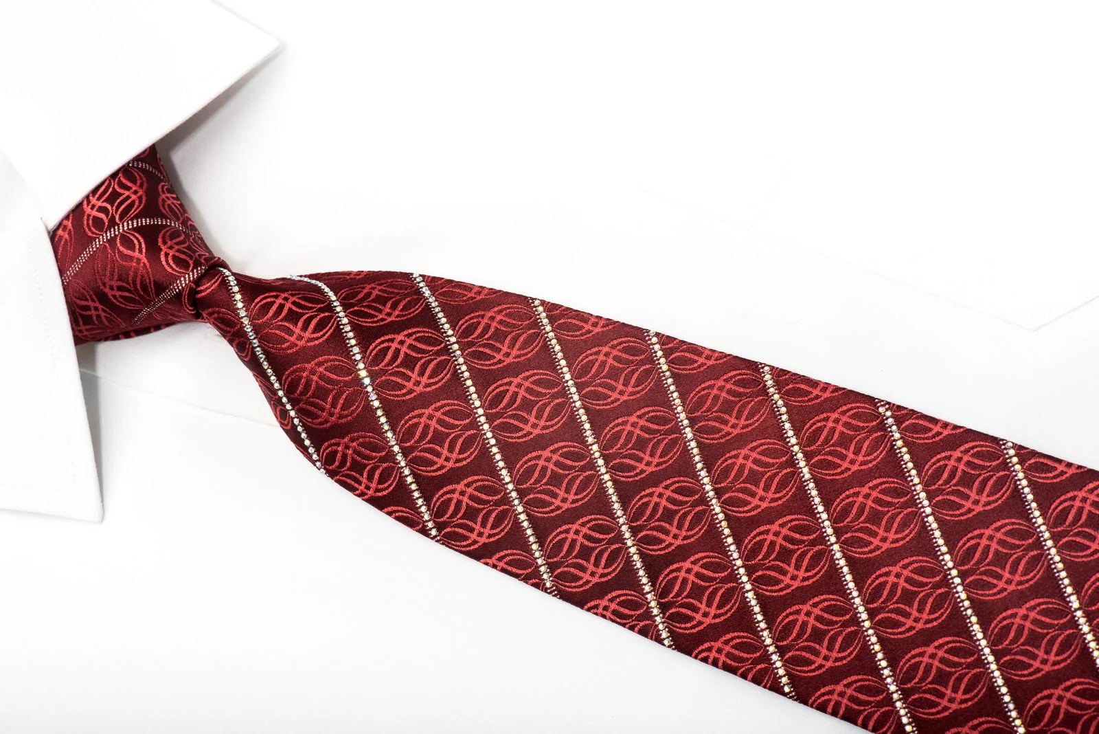 Renoma Men's Crystal Necktie Striped Rhinestones & Waves On Burgundy Silk - Image 2
