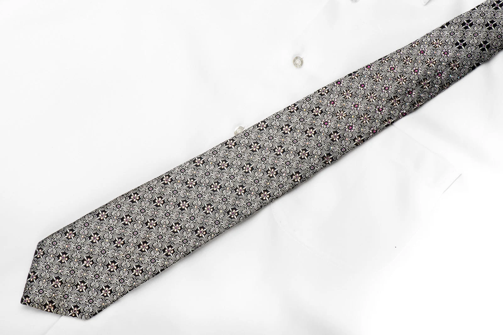 Renoma Men's Crystal Rhinestone Necktie Silver Cartouche On Black Silk With Silver Sparkles - Image 4