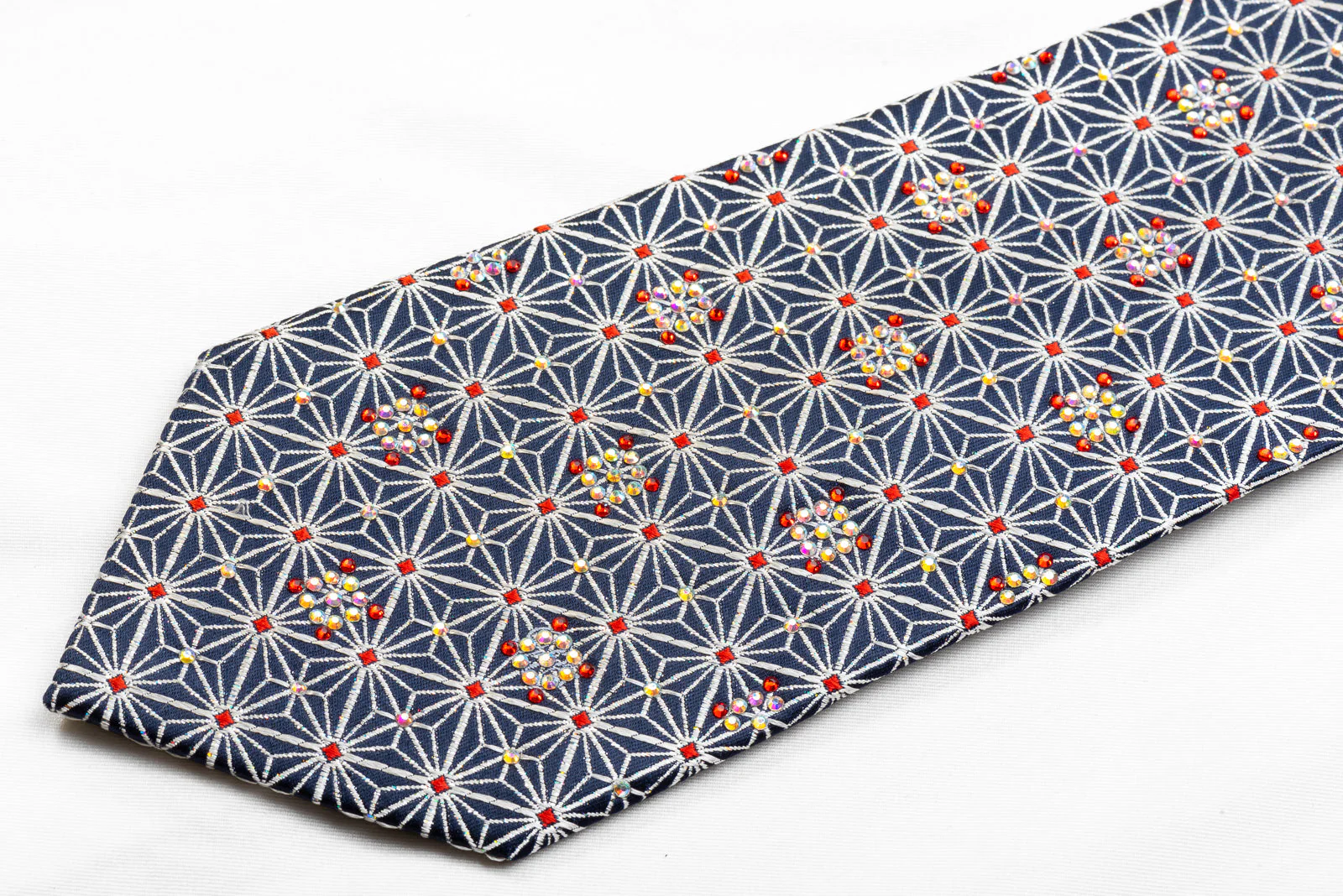 Renoma Men's Crystal Rhinestone Necktie Silver Trellis On Navy With Silver Sparkles - Image 3