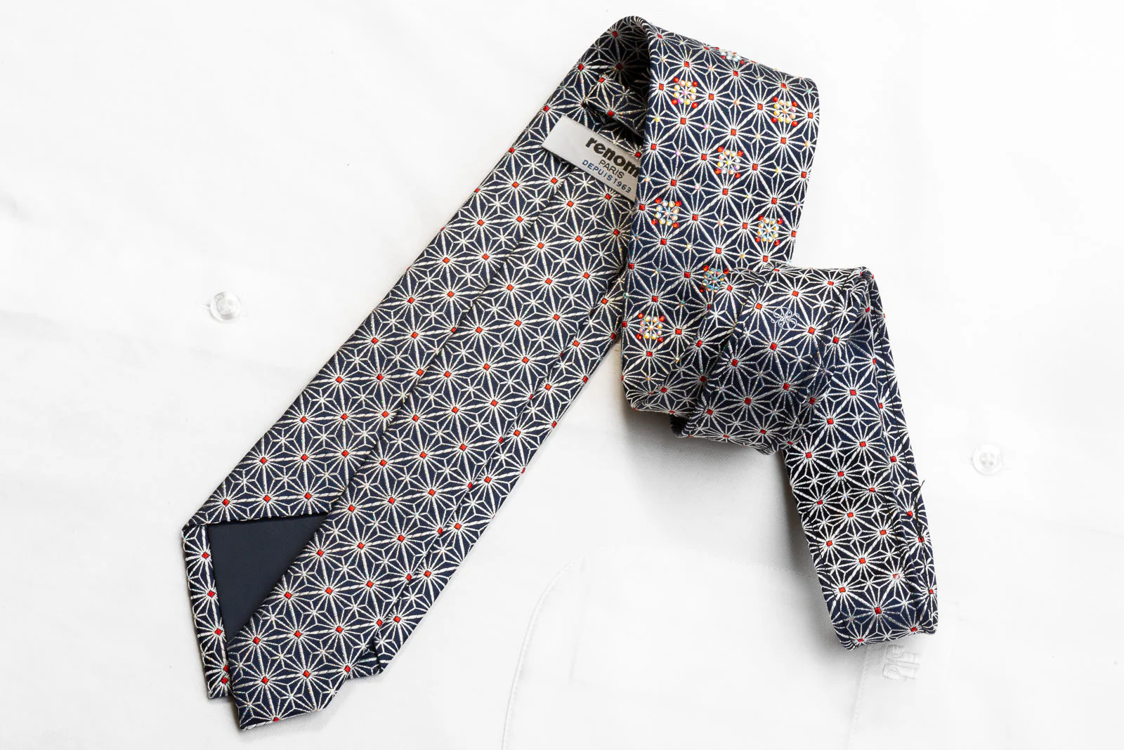 Renoma Men's Crystal Rhinestone Necktie Silver Trellis On Navy With Silver Sparkles - Image 5