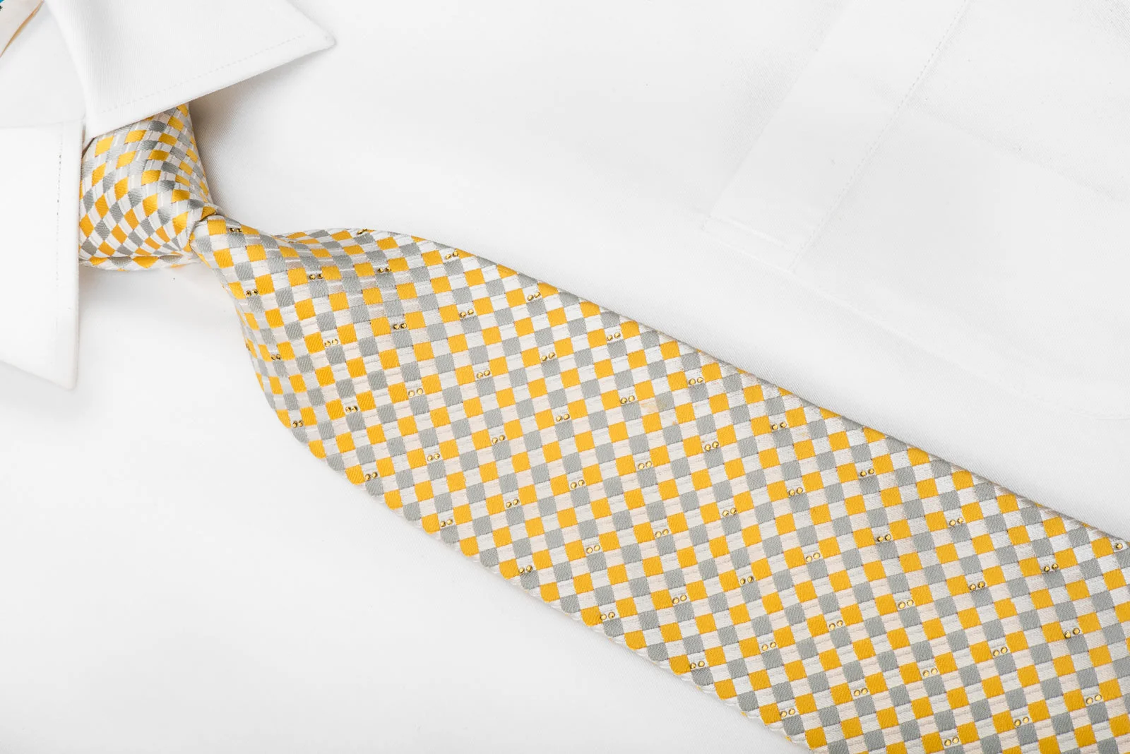 Renoma Men's Crystal Rhinestone Necktie Yellow Silver Checker Design With Sparkles - Image 2