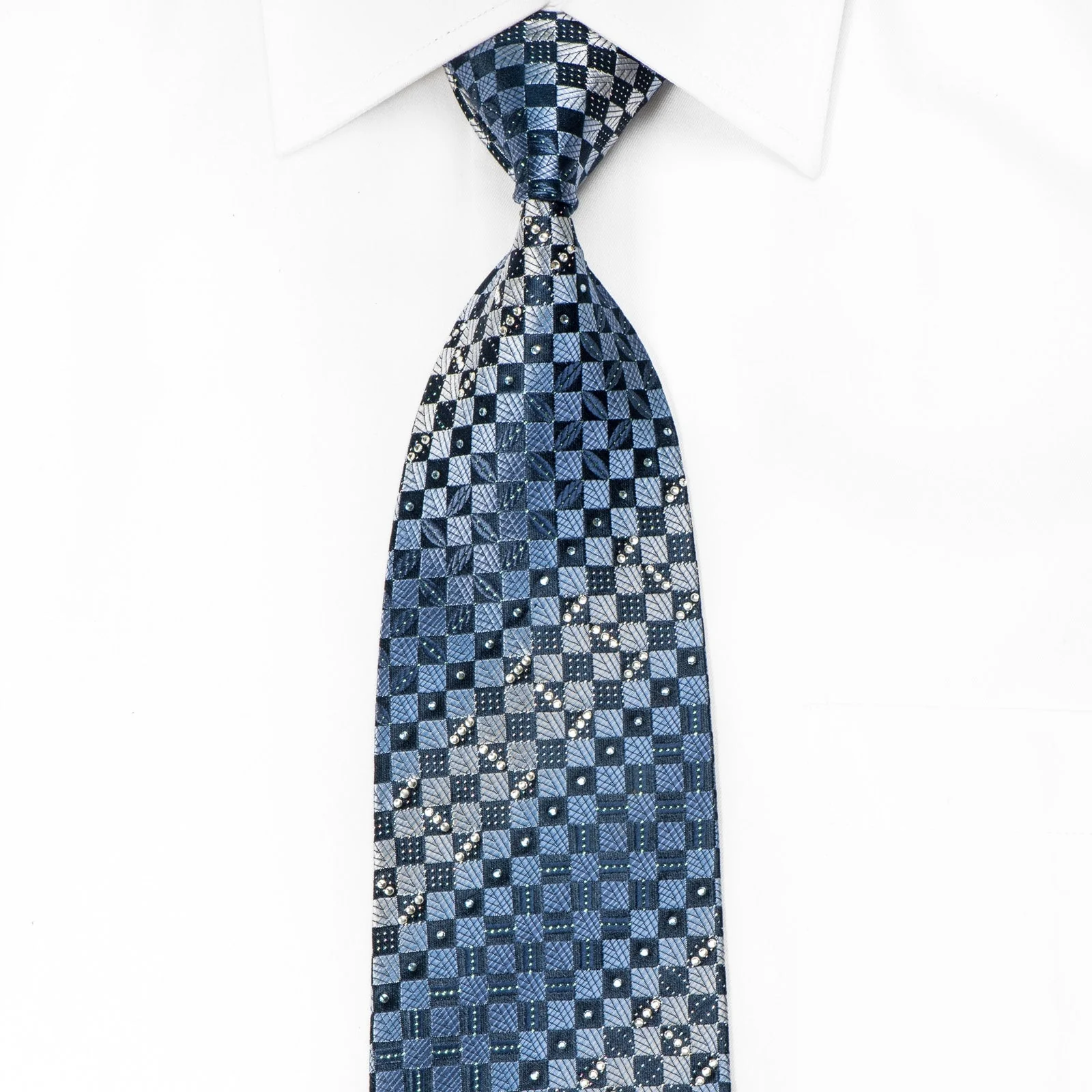 Renoma Men's Crystal Rhinestone Silk Necktie Blue Checkered With Blue Sparkles