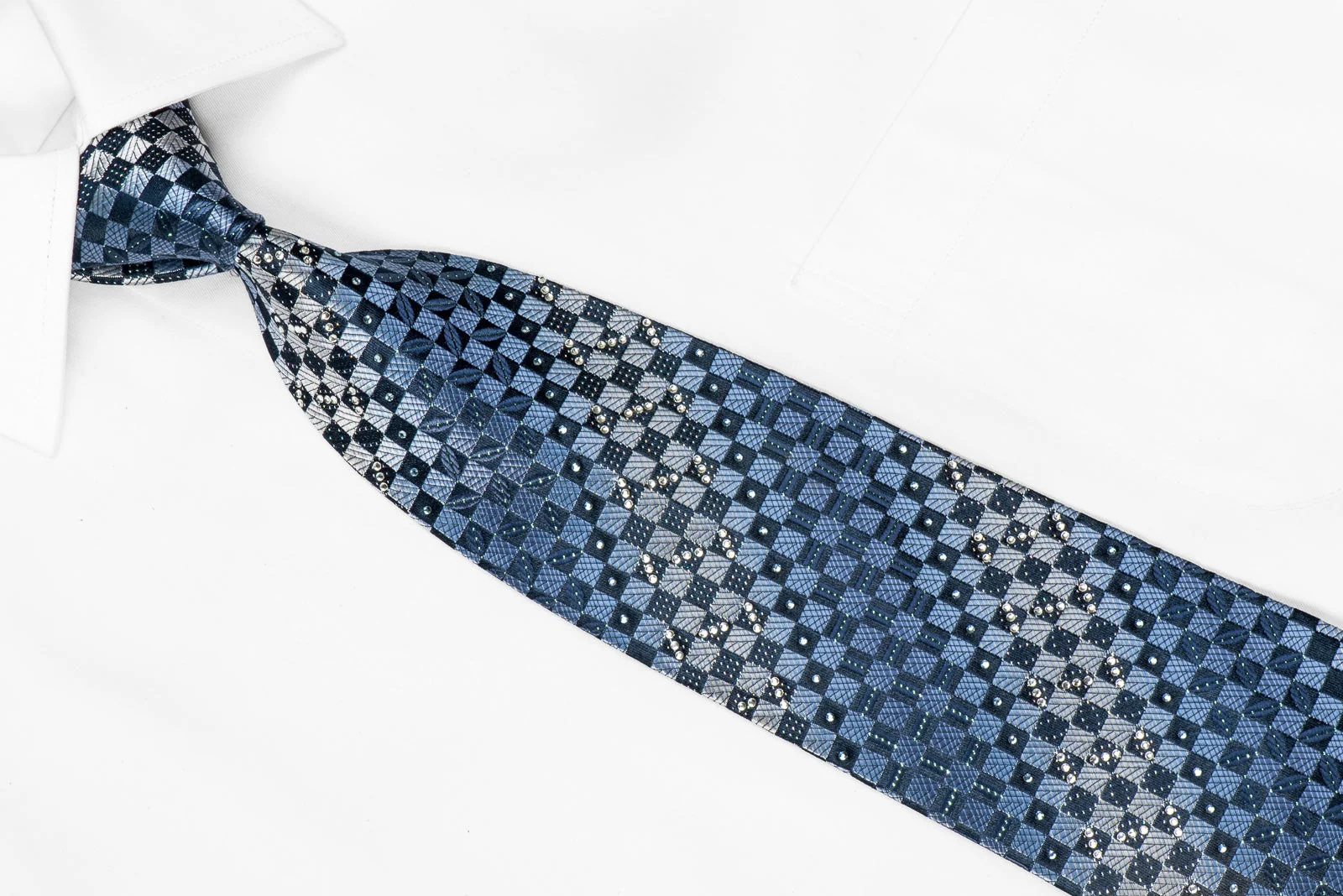 Renoma Men's Crystal Rhinestone Silk Necktie Blue Checkered With Blue Sparkles - Image 2