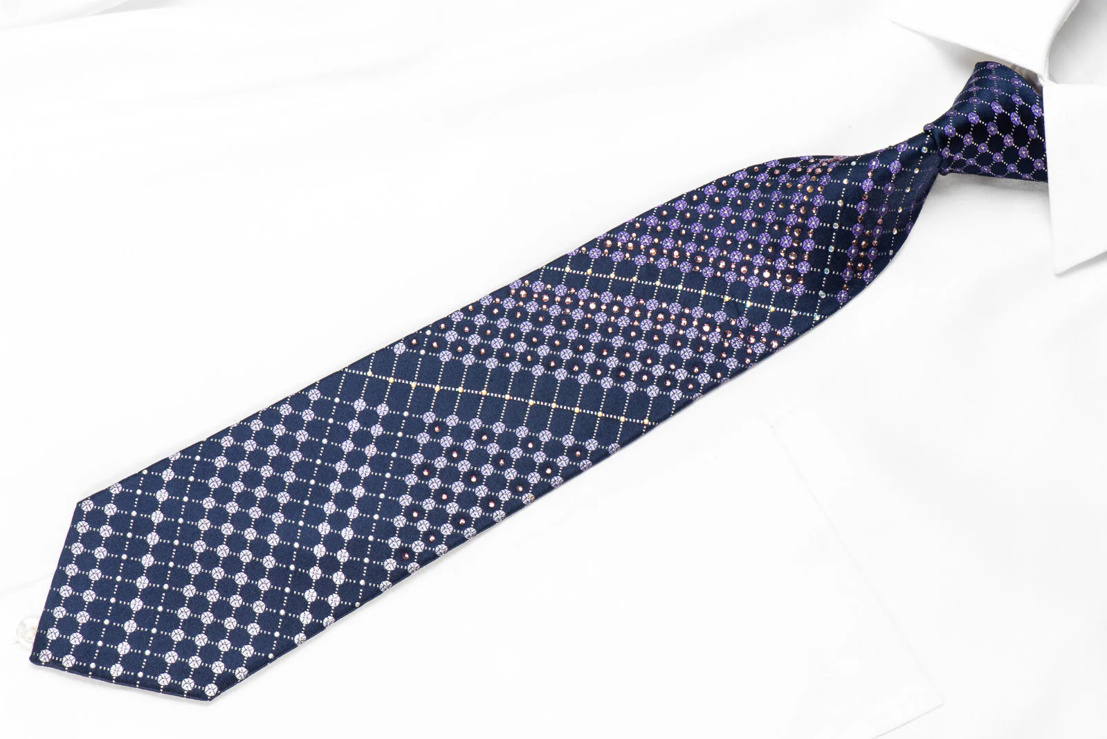 Renoma Men's Crystal Rhinestone Silk Necktie Geometric Trellis On Blue With Sparkles - Image 3
