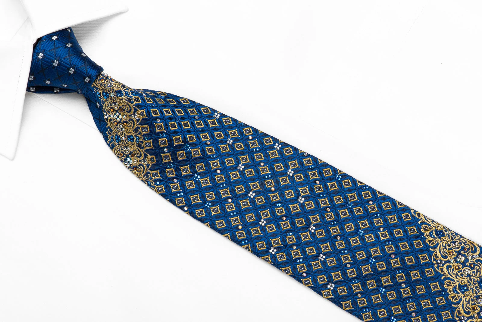 Renoma Men's Crystal Rhinestone Silk Necktie Gold Cartouche & Geometric On Blue With Sparkles - Image 2