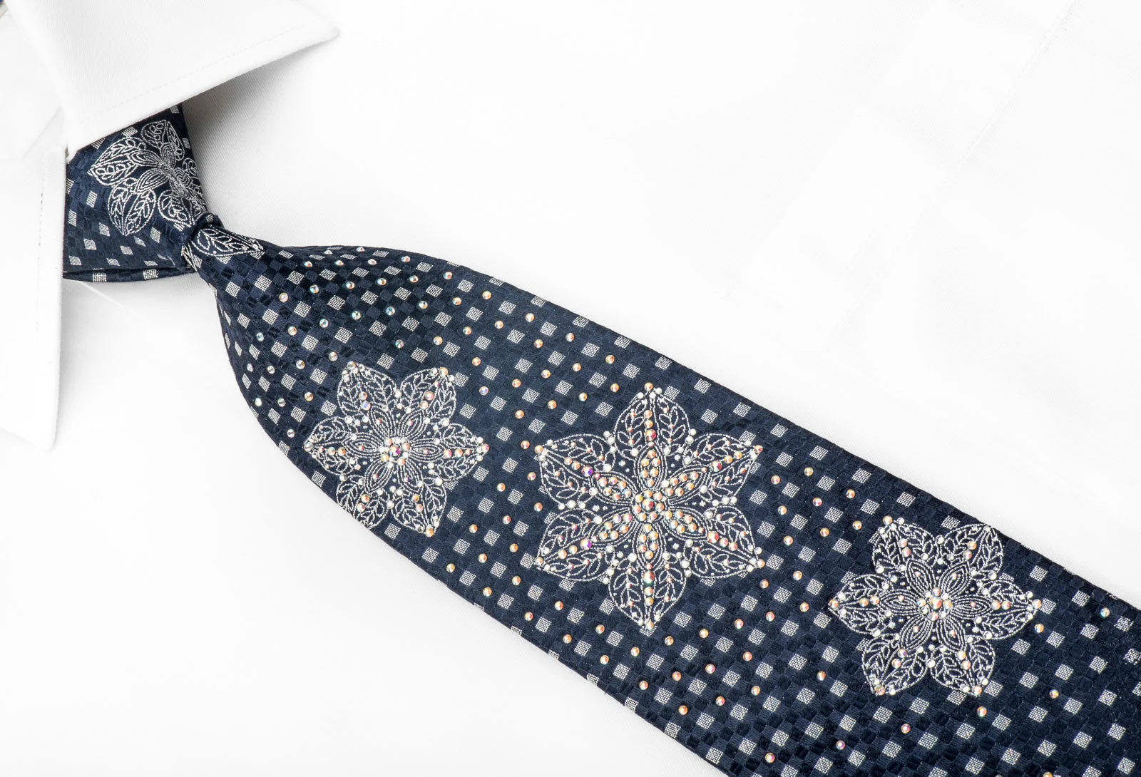 Renoma Men's Crystal Rhinestone Silk Necktie Silver Geometric Floral On Navy With Silver Sparkles - Image 4