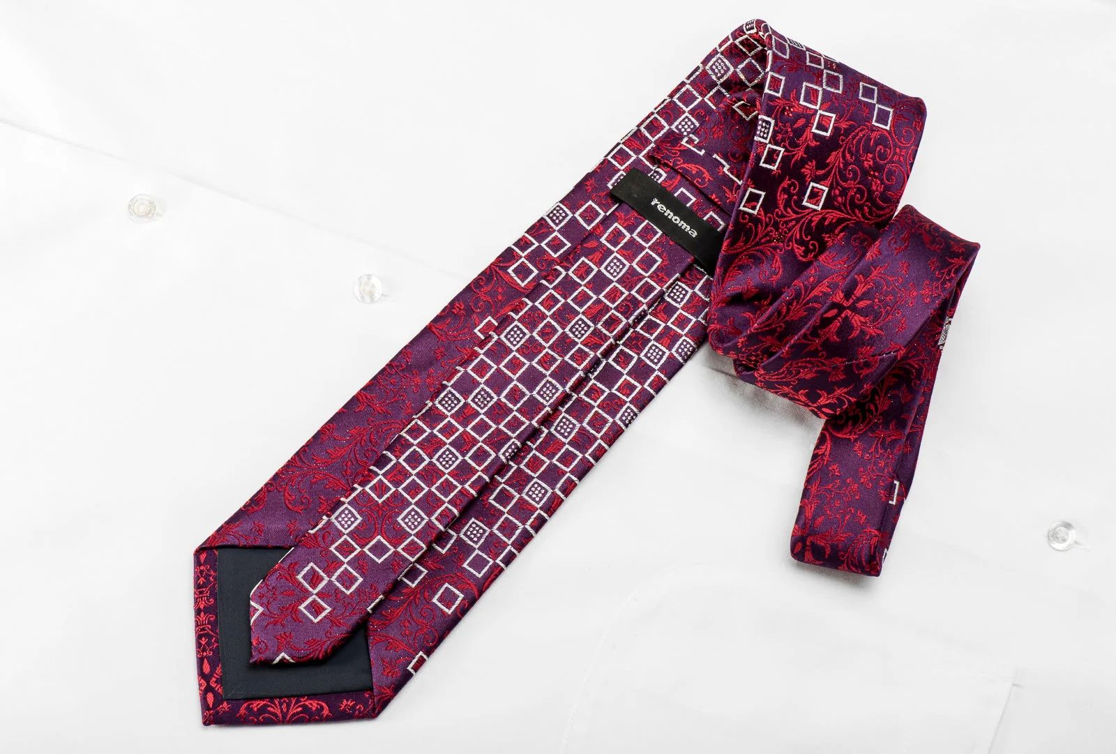 Renoma Men's Crystal Rhinestone Silk Tie Red Acanthus Silver Geometric On Purple With Sparkles - Image 3