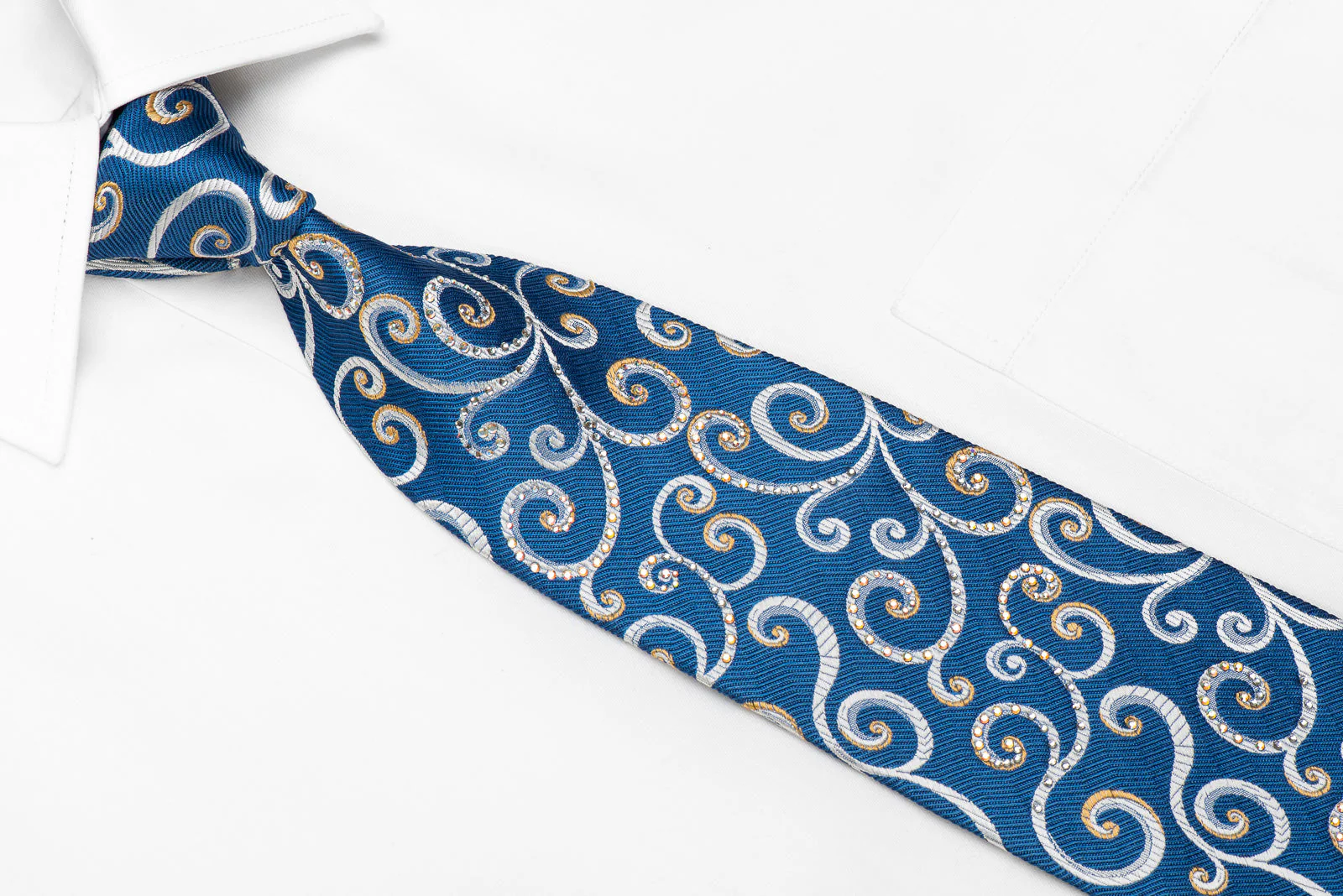 Renoma Men's Crystal Rhinestone Silk Tie Scrolls On Blue - Image 2