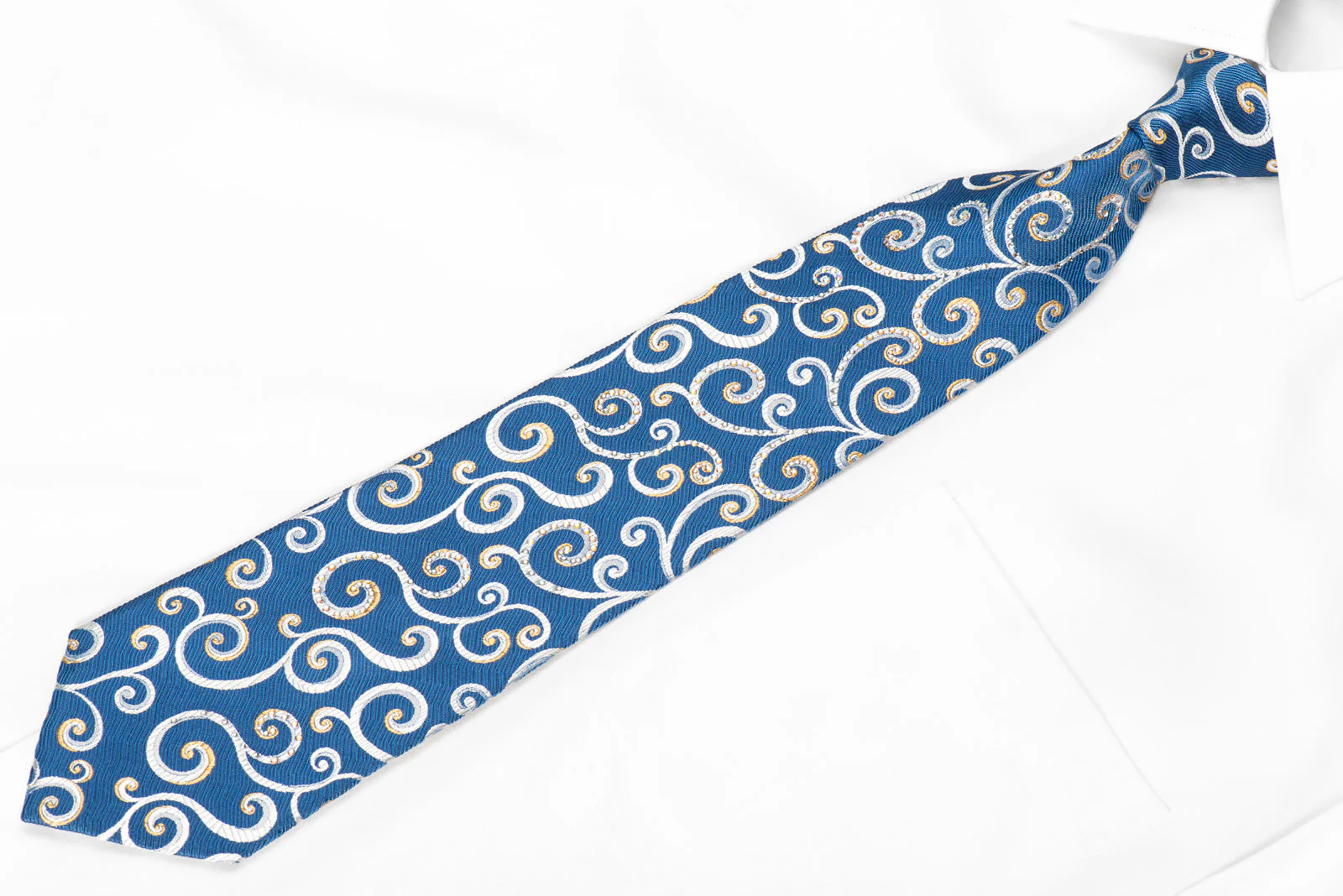 Renoma Men's Crystal Rhinestone Silk Tie Scrolls On Blue - Image 3
