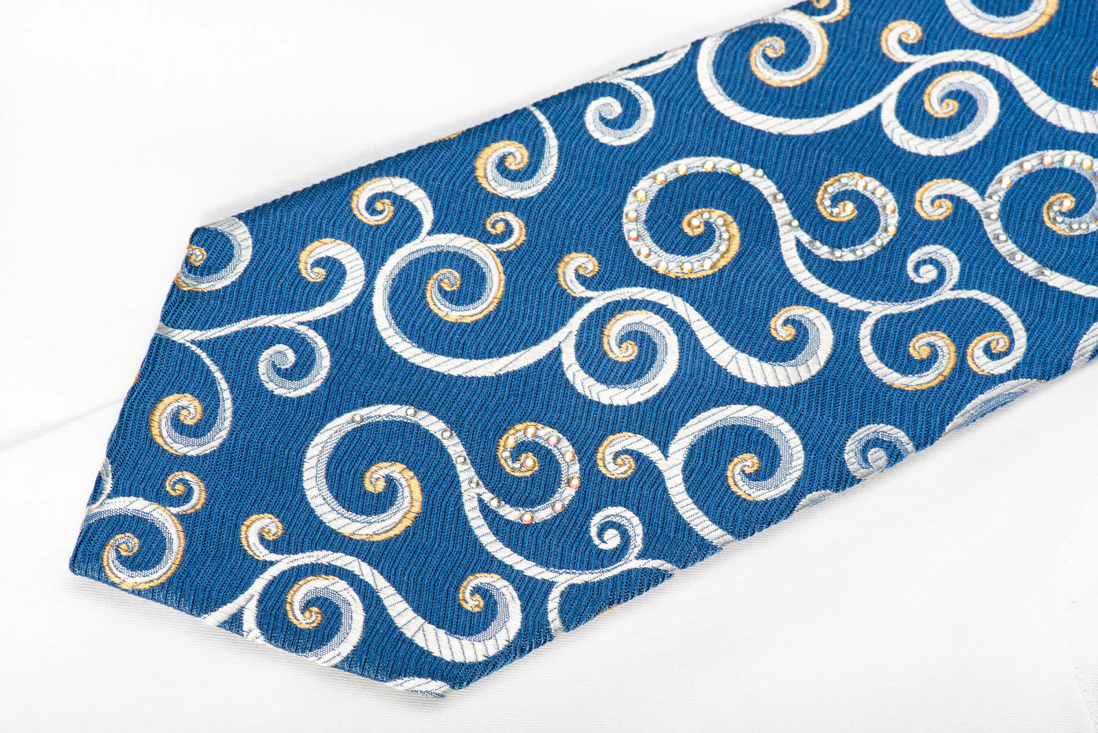 Renoma Men's Crystal Rhinestone Silk Tie Scrolls On Blue - Image 4