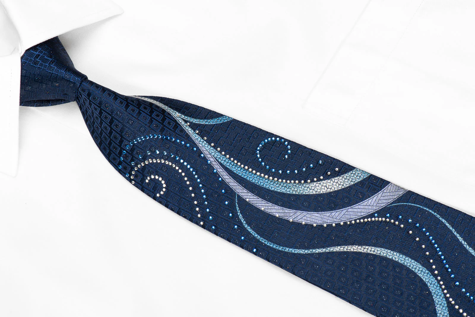 Renoma Men's Crystal Rhinestone Silk Tie Scrolls On Blue With Sparkles - Image 2