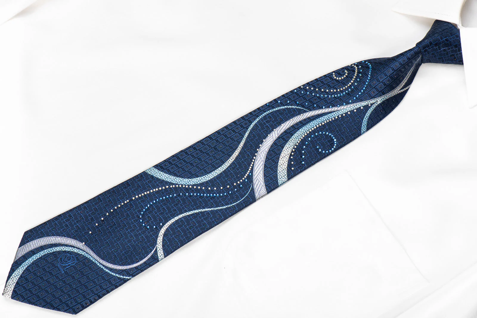 Renoma Men's Crystal Rhinestone Silk Tie Scrolls On Blue With Sparkles - Image 3