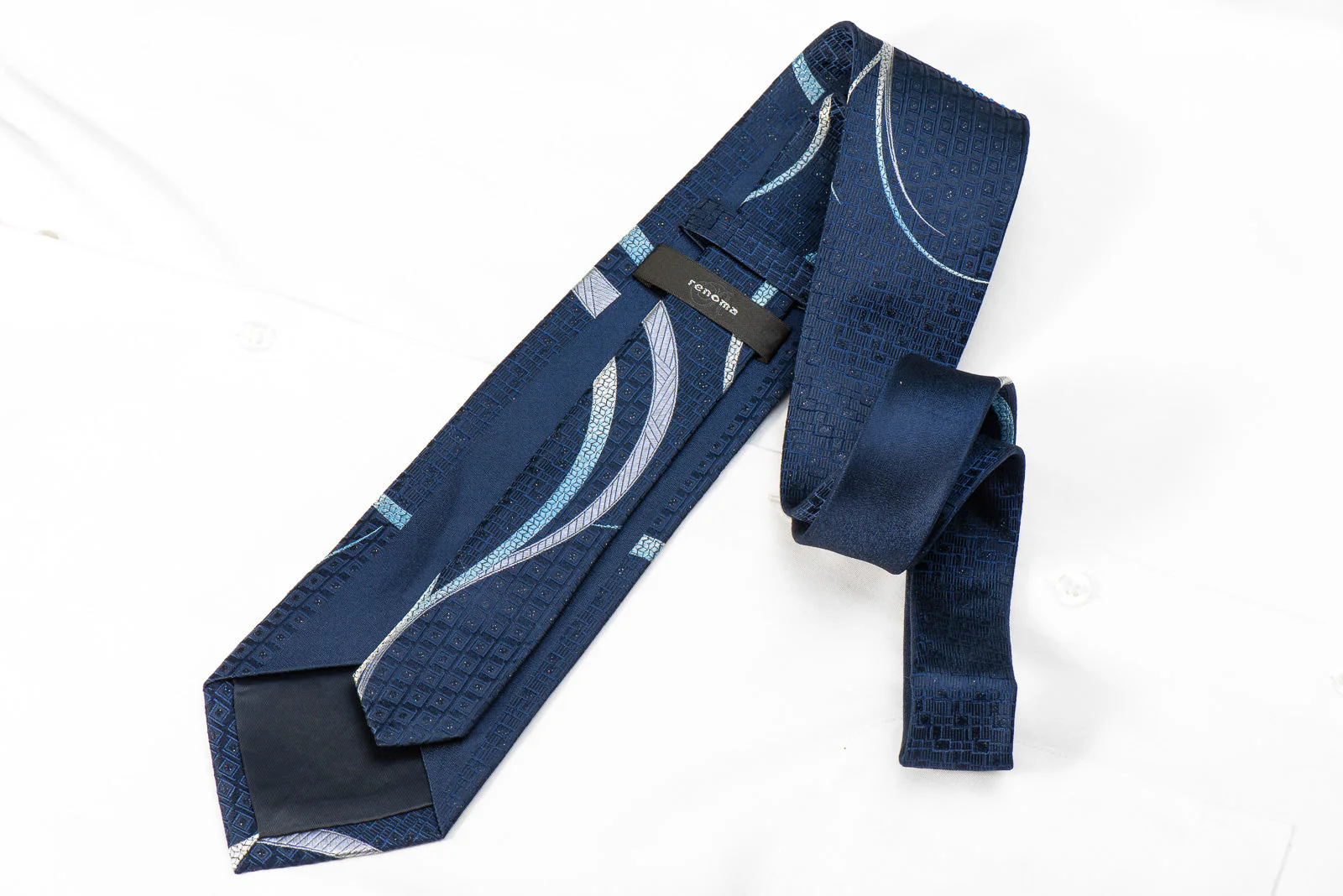 Renoma Men's Crystal Rhinestone Silk Tie Scrolls On Blue With Sparkles - Image 4
