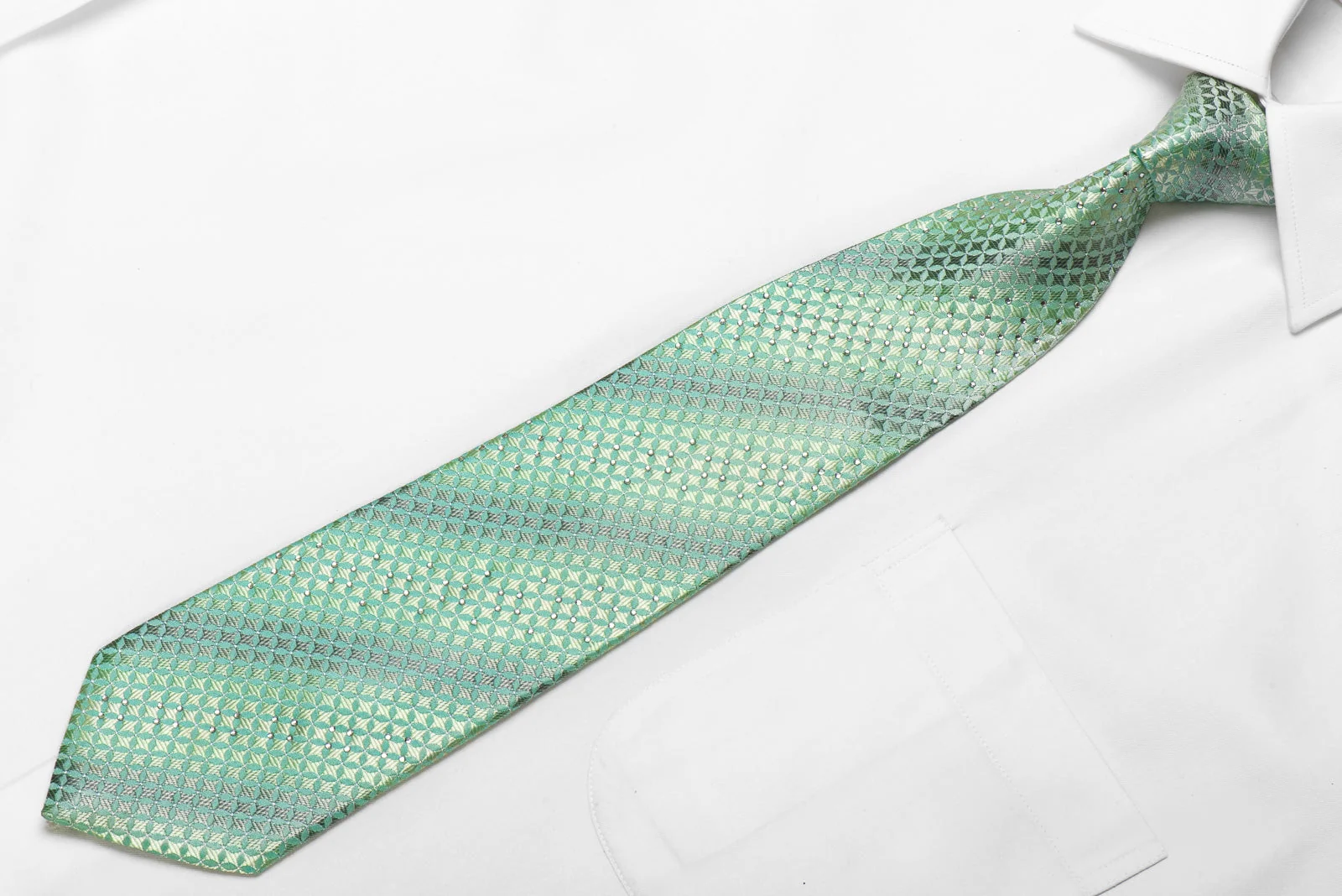 Renoma Men's Crystal Silk Necktie Geometric On Green With Silver Sparkles - Image 3