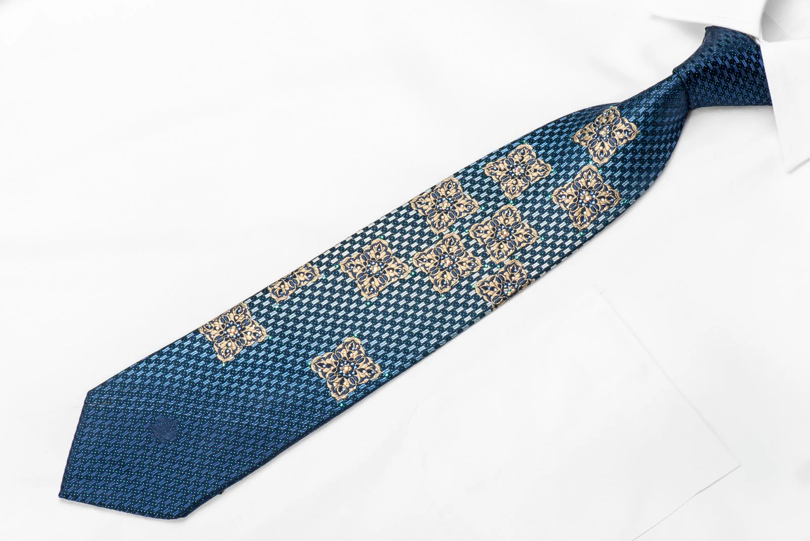 Renoma Men's Crystal Silk Necktie Gold Cartouche & Geometric On Navy With Blue Sparkles - Image 3