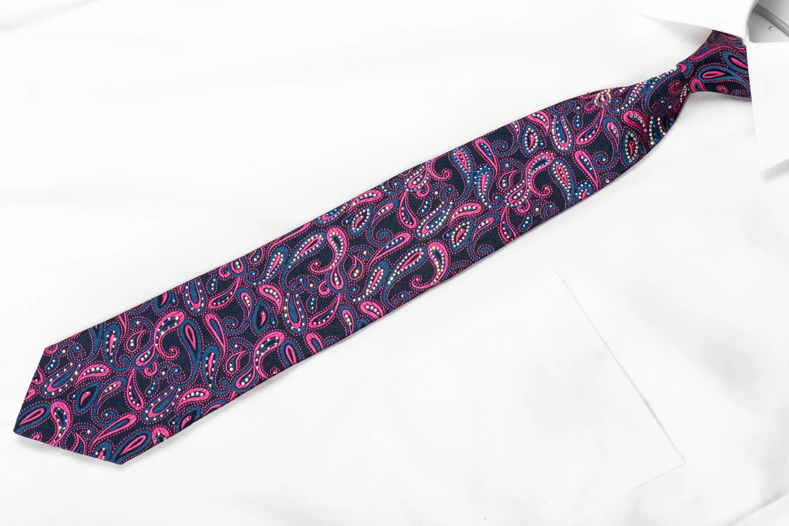 Renoma Men's Crystal Silk Necktie Pink Paisley On Navy Sparkling With Rhinestones - Image 4
